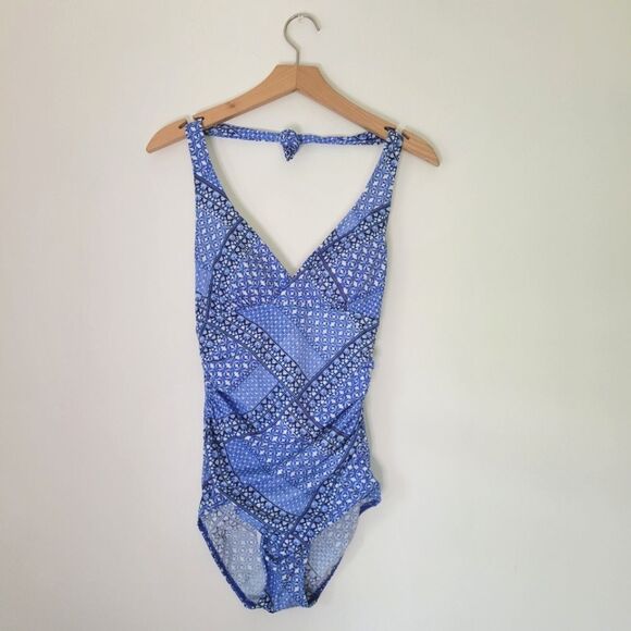 L.L. Bean Women's Blue Pattern Swimsuit One Piece Halter Tie 6 Reg - Picture 1 of 7